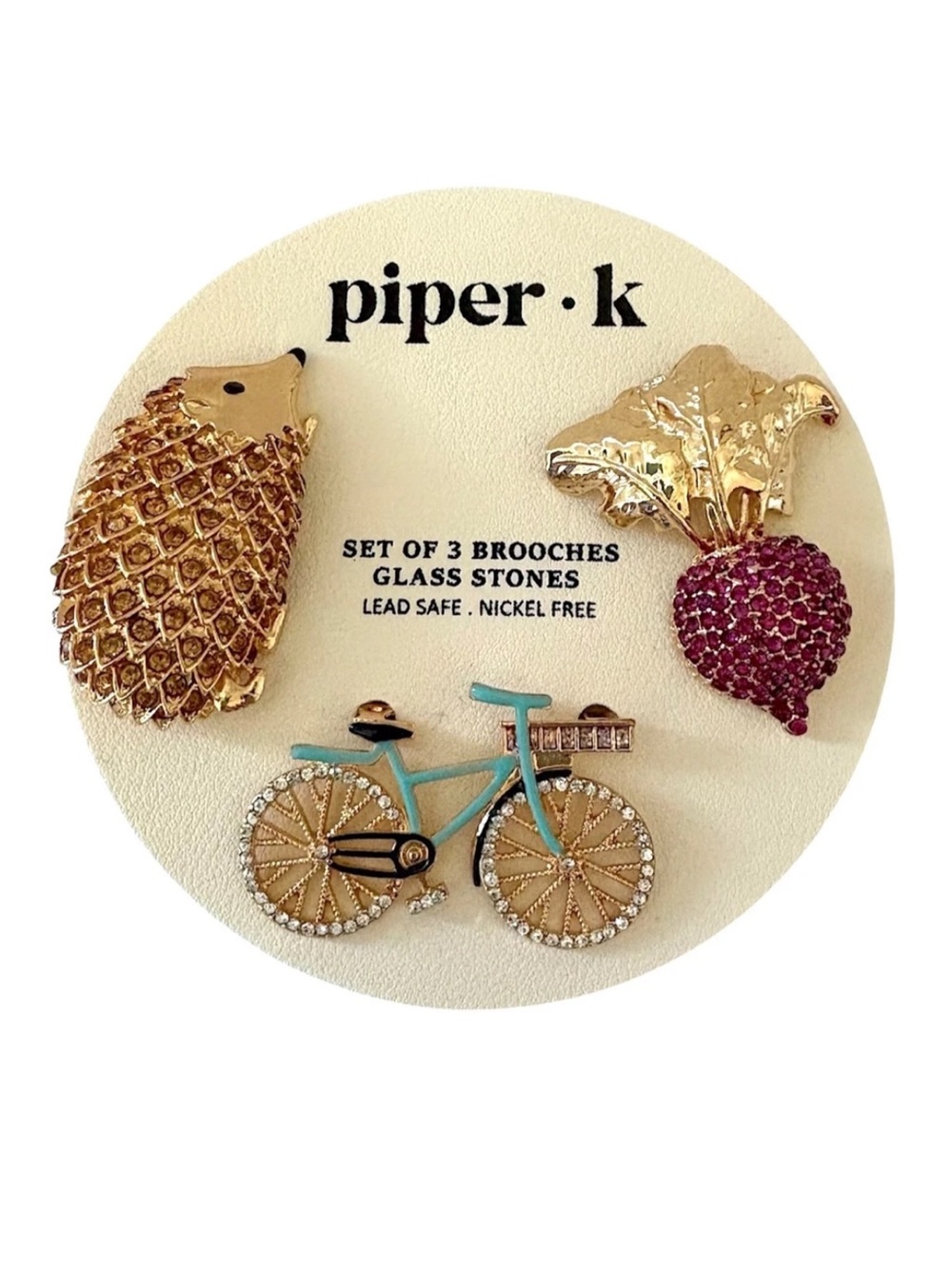 PIPER K Set of 3 Brooches Bicycle 🚲 Radish 🫜 Hedgehog 🦔 | Gold Tone Glass Stones